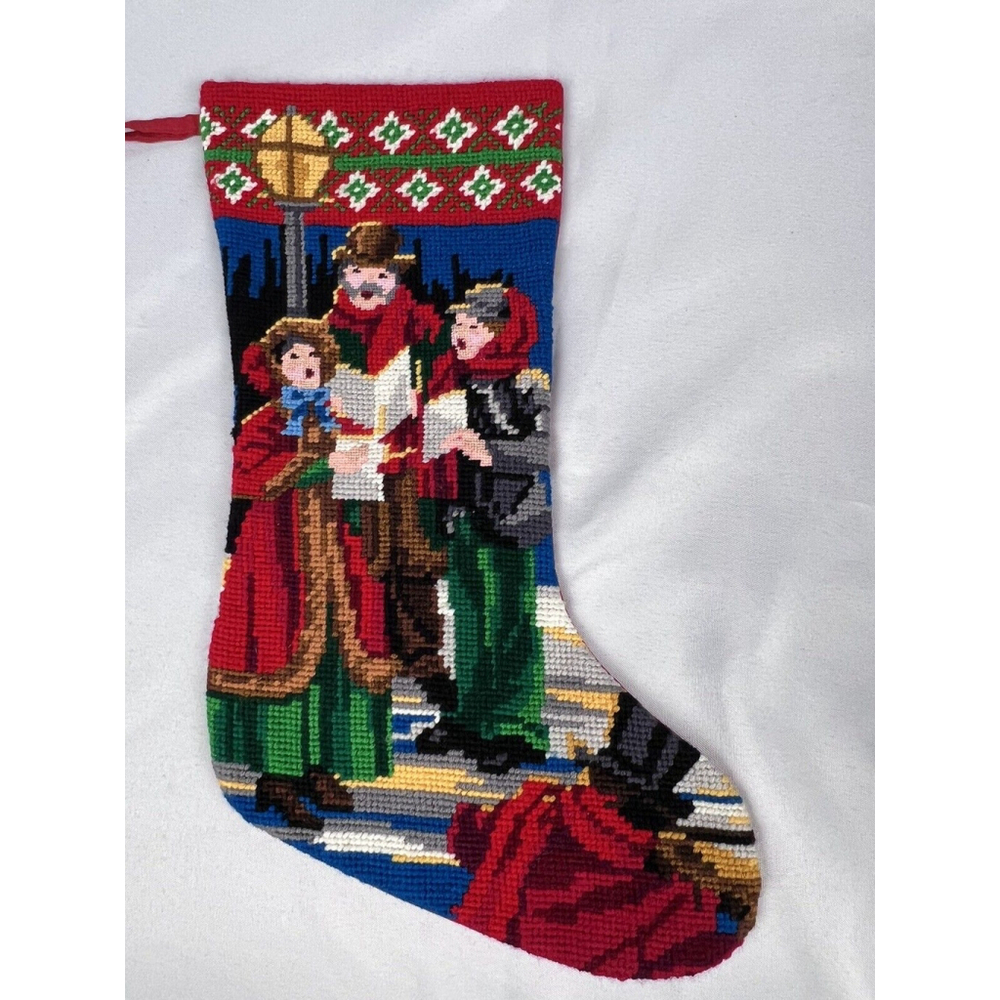 Vintage Needlepoint Christmas Stocking Carolers Holiday Music Sing Songs EUC